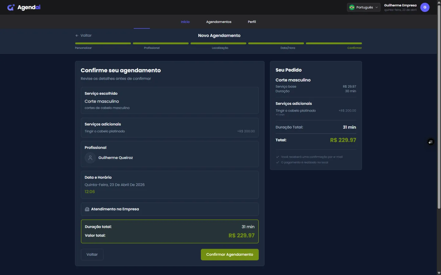 Fluxo de agendamento com validação por etapa