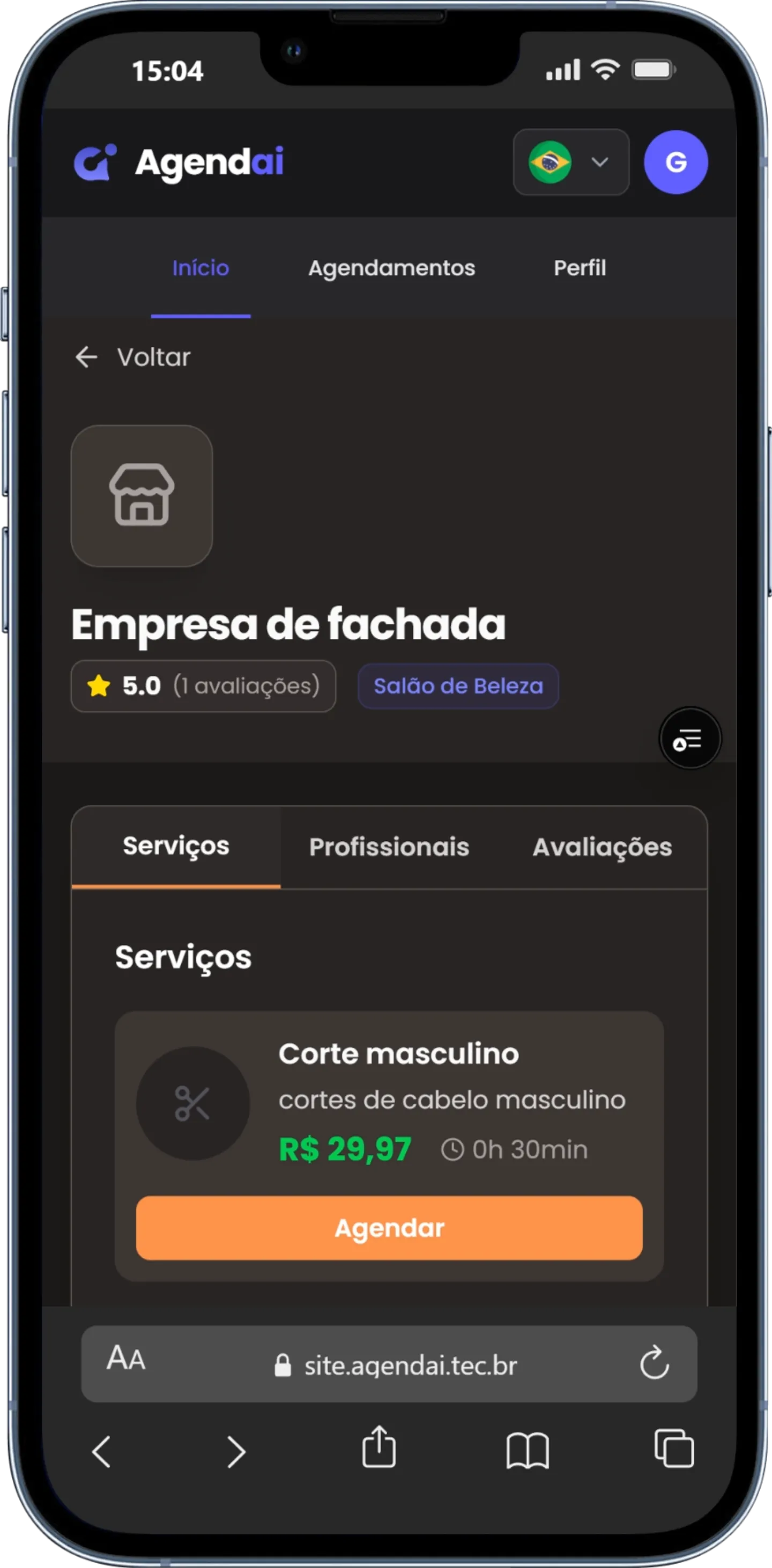 Página pública da empresa no celular